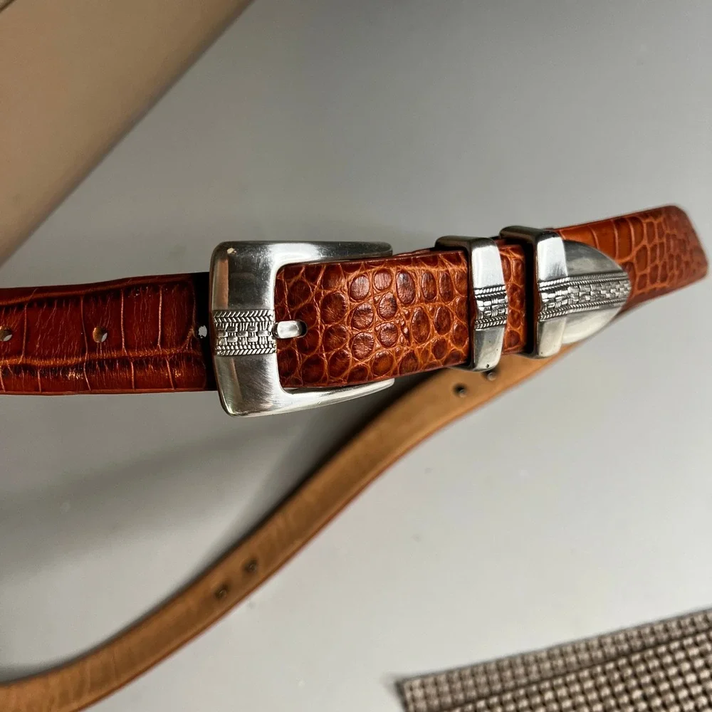 Genuine Italian Calfskin Cognac Croc Embossed Golf Concho Belt 38 Silver Buckle